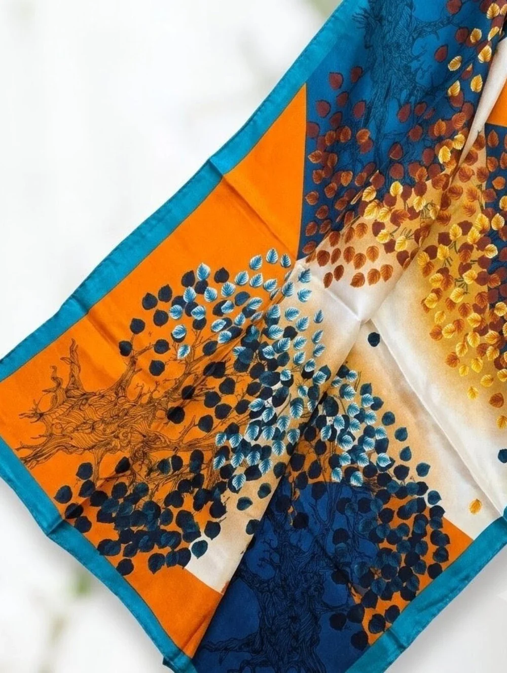 NWT Satin Neck Scarf Head Wrap Teal Orange Botanical Tree Foliage Print 35